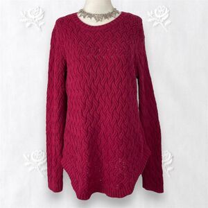 100% Cotton Long Knitted Burgundy Red Kable Knit Sweater M Fishermen Style